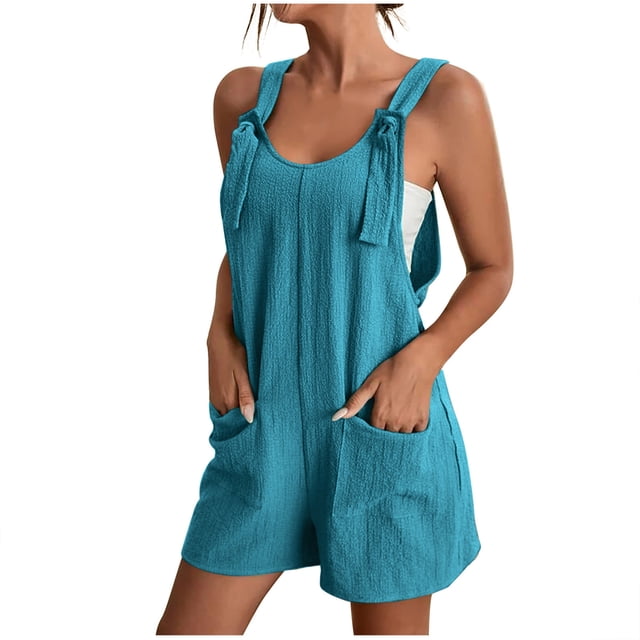 AherBiu Boho Jumpsuit for Women Short Beach Suspenders One-Piece Summer Outfits Solid Color Rompers with Pockets