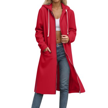 VINUSLI Hoodies for Women with Zipper Oversized Long Sleeve Tunic Sweatshirts Fall Winter Drawstring Solid Outwear Long Hoodie Jacket Coat with Pocket Red,S