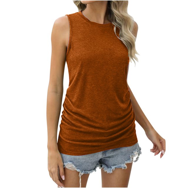 Yuyuzo Tank Tops for Women Sleeveless Crewneck Shirts Solid Color Ruched T Shirts Basic Summer Top
