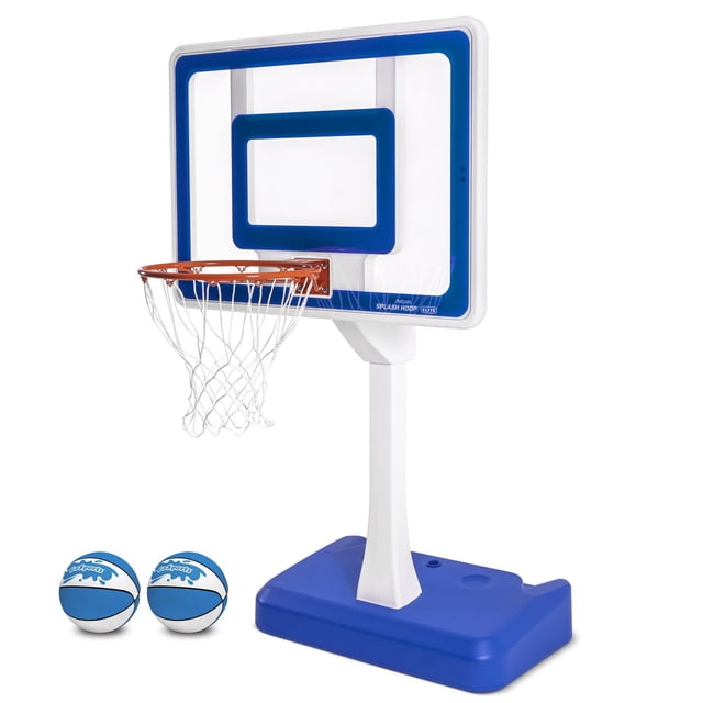 GoSports Panier Éclaboussures ELITE Ballon de Basketball de Piscine avec un Panneau Arrière Incassable de 44” x 32” avec Garniture Bleue, une Jante en Métal de 18” avec Filet Blanc, Monté sur un Poteau Ajustable Blanc avec une base Bleue de 200 lb Remplissable d'Eau, Incluant Deux Ballons de Basketball en Caoutchouc Bleus et Blancs de 9” et une Pompe, Convient aux Jeux de Basketball au Bord de la Piscine avec une Hauteur de Jante Réglable de 30” à 48 Pouces.