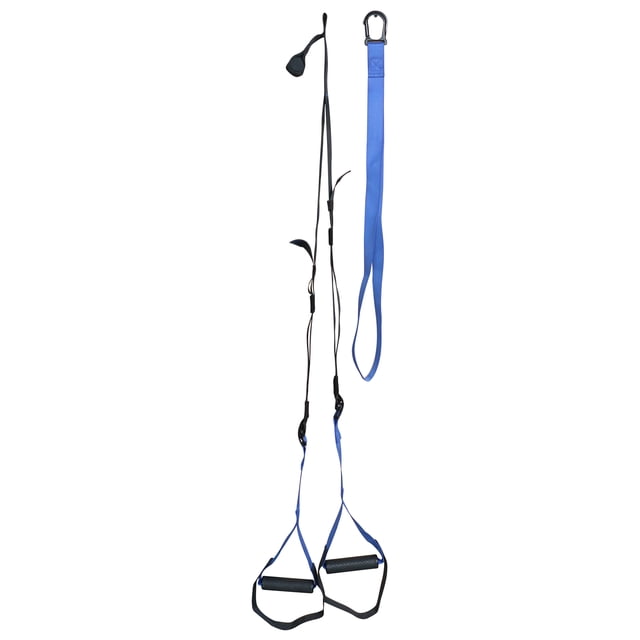 PRISP Home Gym Suspension Trainer with adjustable bodyweight training straps, non-slip handles, and built-in foot cradles for versatile strength training. Includes a blue loop extension strap with carabiner clip and a door anchor for secure anchoring. Lightweight and portable, ideal for resistance training at home, outdoors, or while traveling.