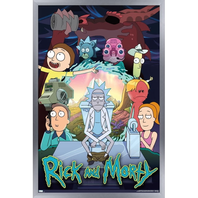 Rick And Morty - Affiche Murale de Groupe Saison 4, 14,725 Po x 22,375 Po, Représentant Rick Assis sur une Toilette avec un Pantalon au Centre, Entouré de Morty, Mr. Poopybutthole et d'Autres Personnages de la Série Animée, avec un Portail Lumineux et un Paysage Montagneux en Arrière-Plan, Imprimée sur Papier Lustré pour une Décoration Murale de Maison Vivante.