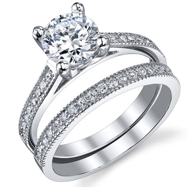 Ensemble de Bagues de Fiançailles et de Mariage pour Femme 1,25 Ct en Argent Sterling Zircon Cubique Rond 925