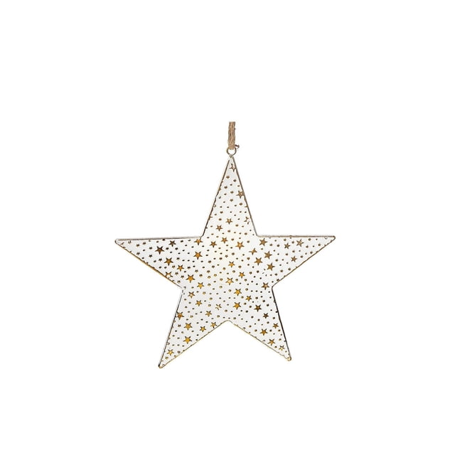 White And Gold Star Ornament Medium, a metal star-shaped Christmas decoration with white finish and gold star cutouts, measuring 12.2 by 12.2 inches, hanging from natural twine, ideal for holiday décor, garlands, or festive centrepieces.