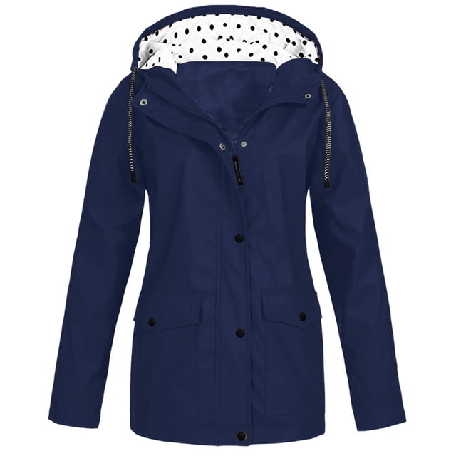 LSLJS Women Solid Rain Jacket Outdoor Plus Size Hooded Raincoat Windproof( Navy, L)