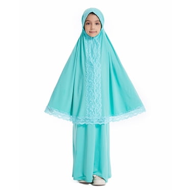 Sunnyoo Big Girls Lace Long Sleeve Kaftan Maxi Dress with Turban Abaya Robe Outfits