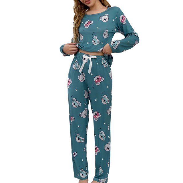 XDZJLR Womens Pajama Set Long Sleeve Comfortable Two Piece Outfit Cozy Relaxed Fit Pjs Blue M