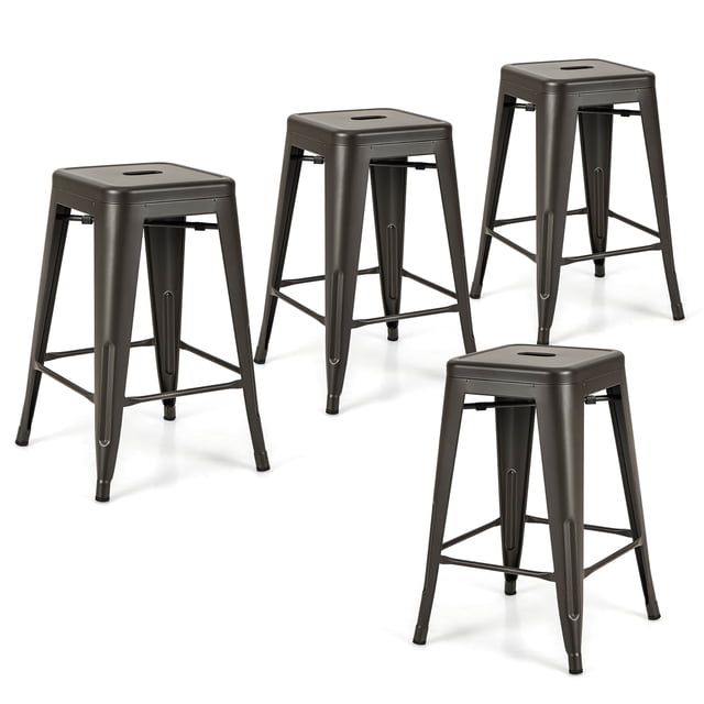 Gymax 24'' Metal Bar Stools Set of 4 w/ Square Seat Patio Bar Stools Home Kitchen Gun