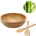 thumbnail image 1 of 10in Rounded Bamboo Salad Bowl with 2 Serving Utensils Spoon Large Wood Salad Container Bowl Mixing Bowl Environmentally-friendly Naturally Kitchenware Wooden, 1 of 6