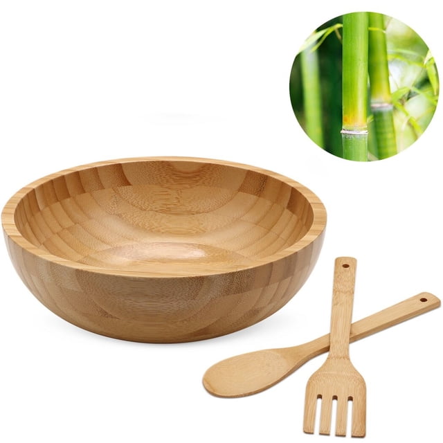 10in Rounded Bamboo Salad Bowl with 2 Serving Utensils Spoon Large Wood Salad Container Bowl Mixing Bowl Environmentally-friendly Naturally Kitchenware Wooden
