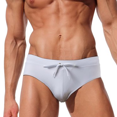 Men's Swim Trunks Mens Double Briefs Mesh Lifting Thong Mesh Breathable Lace Up Swimming Trunks Men Swim Shorts White L