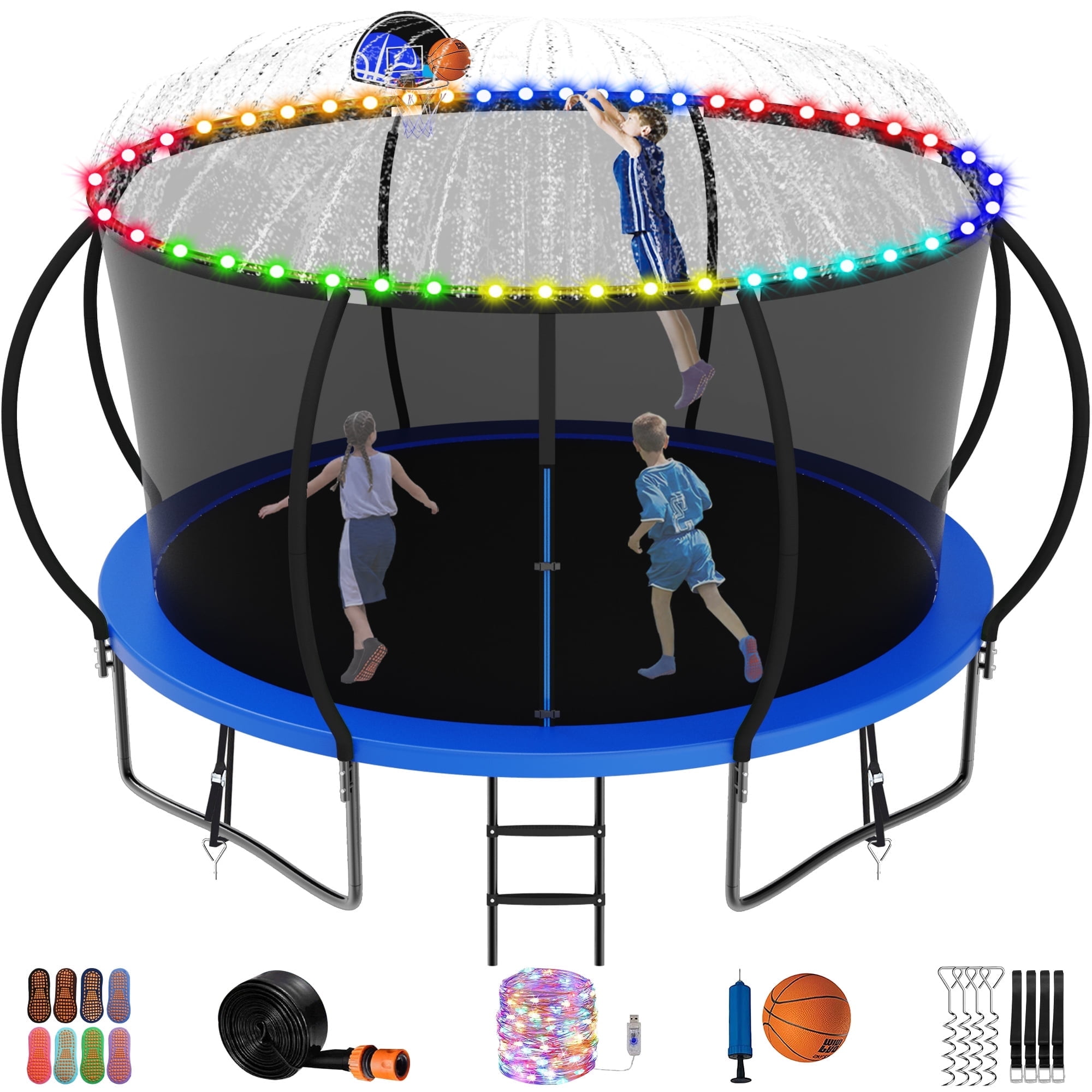 Jump Into Fun Trampoline 12FT, 1200LBS Trampoline for Kids and Adults with Enclosure, Basketball Hoop, Wind Stakes, LED light, Sprinkler and Socks, Outdoor Galvanized Full Spray Round Trampoline