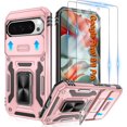 thumbnail image 1 of KOMI for Google Pixel 9 Case/Pixel 9 Pro Case with [2 Pack] HD Screen Protector + Slide Camera Cover, 360° Rotation Ring Kickstand [Military Grade] Shockproof Protective Phone Case, Rose Gold, 1 of 5