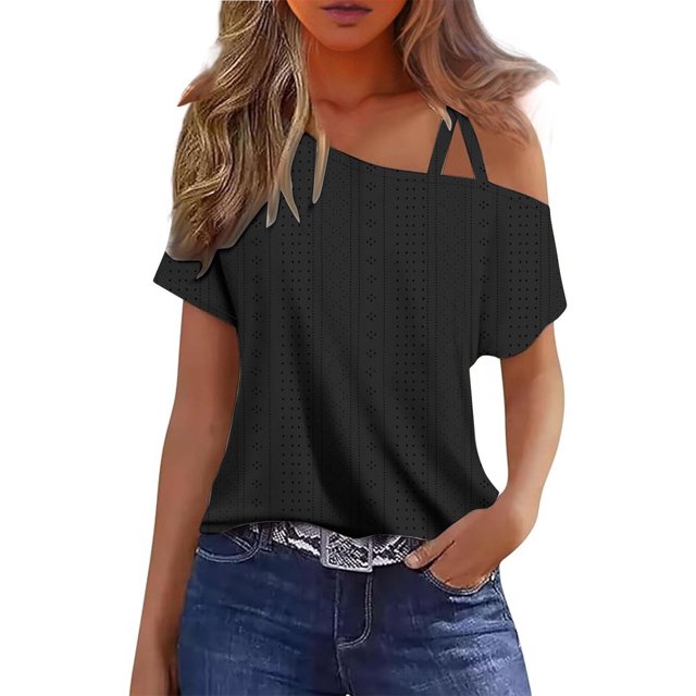 tarylea Going Out Tops For Women 1 Cold Shoulder Top Eyelet Short Sleeve Shirts Loose Fitted