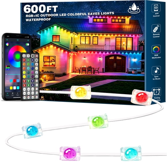 Guirlandes Extérieures Permanentes 600 Pieds RGB+IC pour Auvent, Lumières de Maison Carrées à DEL Changeant de Couleur Intelligentes, Guirlandes de Bord de Toit Permanentes IP67 Étanches avec Contrôle par Application, Synchronisation Musicale et Minuterie, Éclairage de Poursuite Bricolage