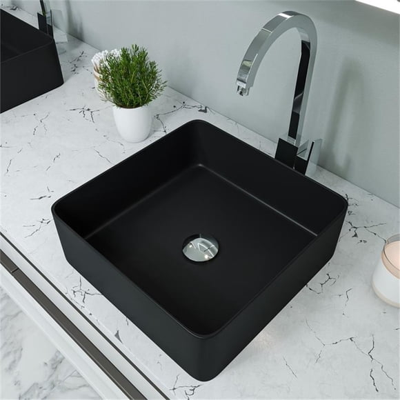 Pemberly Row Évier en Céramique Moderne Carré de 16 Pouces au-Dessus du Montage, Noir Mat
