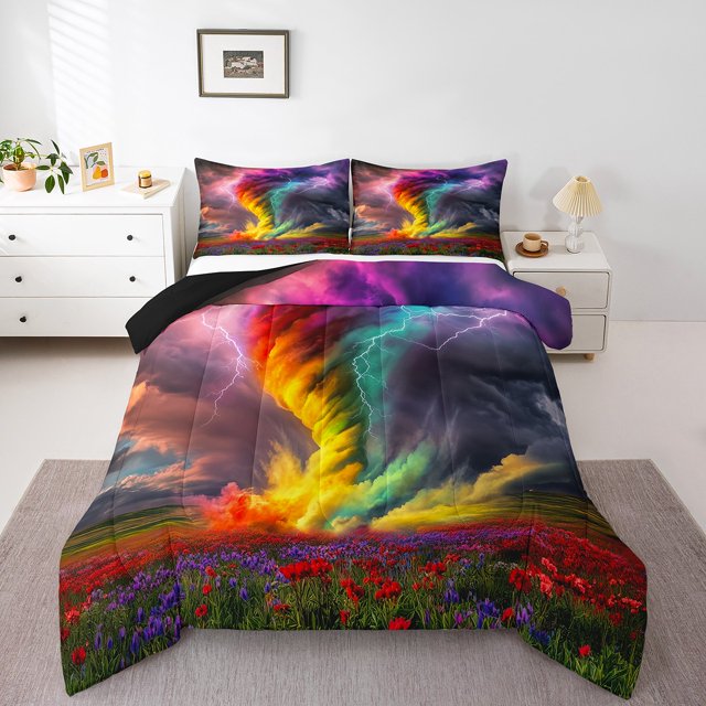 Erosebridal 3D Printed Tornado Bedding Full Comforter Set, Rainbow Down Comforter, Red Purple Flower Decor, Reversible