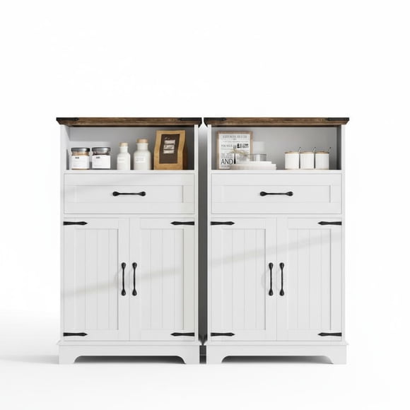 Farmhouse Style Bathroom Storage Cabinet Set – Freestanding Cabinets with Doors & Drawers – Space-Saving, Modern Accent Furniture for Bathroom, Kitchen, Living Room, Bedroom – Black, 2 Sets