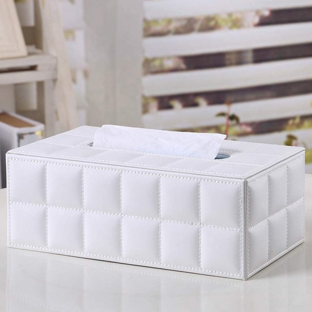 ORUYROP Leather Tissue Box Holder-Waterproof Rectangular Tissue Box Cover Vintage Napkin Paper Holder for Home,Office&Car Decor (White-1)