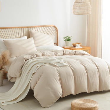 3 Pieces Washed Cotton Ultra Soft Beige Duvet Cover All-Season Breathable and Organic Feel for Bedroom Decor,Full Size