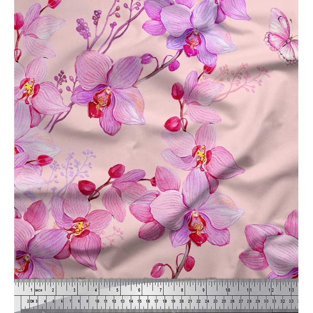 Soimoi Cotton Duck Fabric Bird & Orchids Flower Decor Fabric Printed Yard 56 Inch Wide