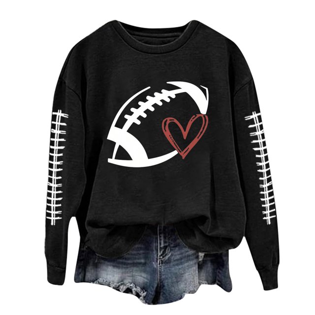Aocisk Chandail à Capuche Léger à Manches Longues pour Femmes avec Imprimé Graphique de Football, Col Rond, Noir, TG