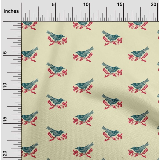 oneOone Silk Tabby Fabric Branch & Bird Block Printed Fabric 1 Yard 42 Inch Wide