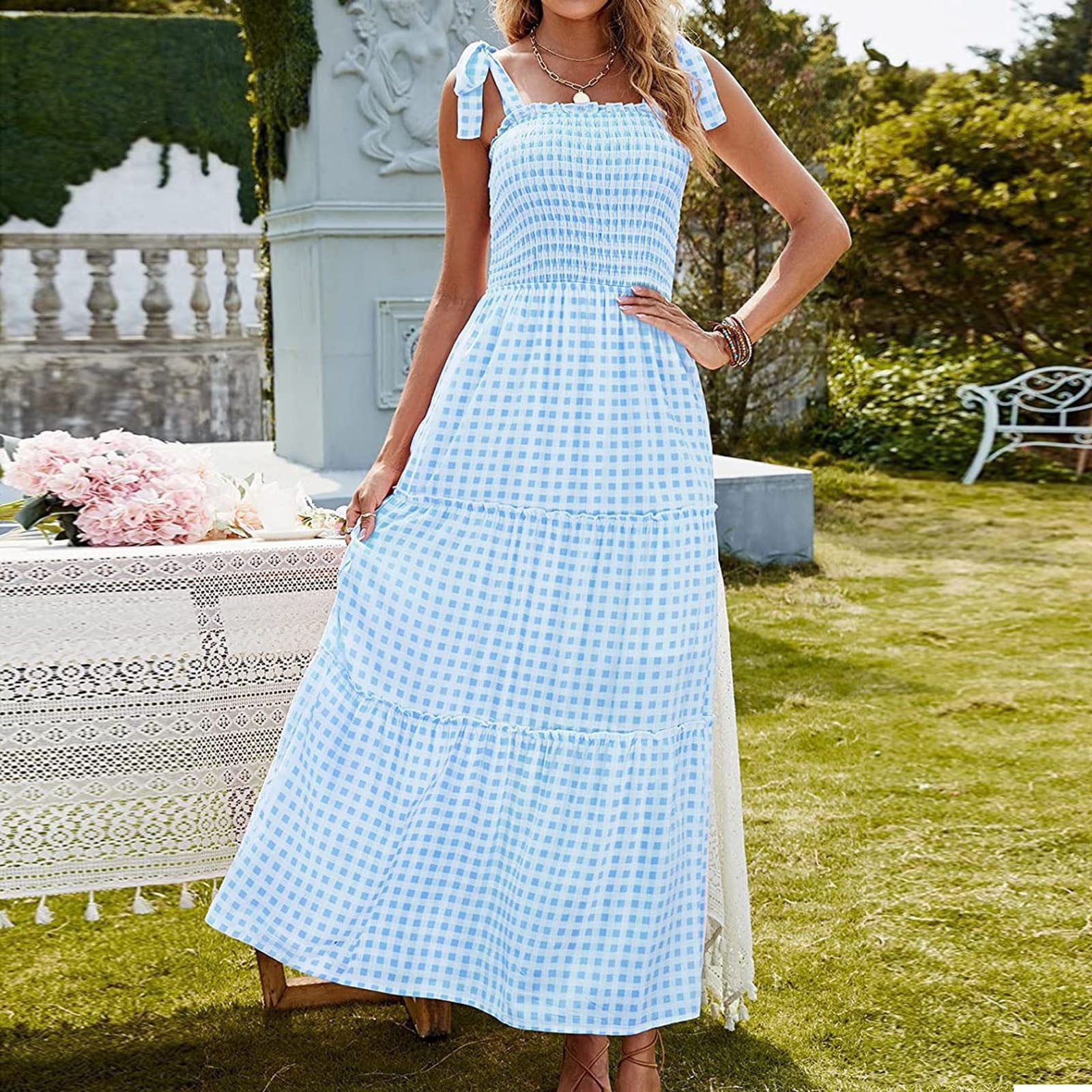 blue and white plaid dress Court Details Fabric has stretch Lined Button details Pleated hem with a slit Material and Care Self Your Favorite Plaid Lace Trim