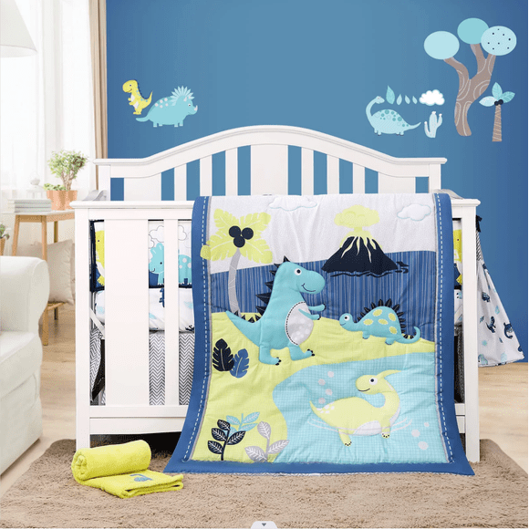 Sweet Baba 8 PC Dinosaur Crib Bedding Set for Baby Boys, Blue Nursery Set with Quilt/Sheet/Dust Ruffle/Blanket/Diaper Stacker/3 Wall Stickers