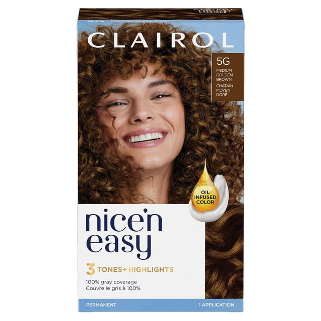 Clairol Nice'n Easy Teinture Capillaire Permanente en 5 g Brun Moyen Doré avec Couleur Infusée d'Huile, Offrant 3 Tons et Mèches pour une Couleur de Cheveux Permanente d'Apparence Naturelle et une Couverture de 100 % des Cheveux Gris en une application, Montrée sur l'Emballage pour Cheveux Bouclés Brun Moyen Doré.