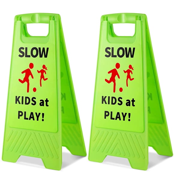 2 Pieces Slow Kids at Play Signs Safety Slow Down Sign Double-Sided Warning Sign Caution Children Playing Sign for Schools Neighborhoods Streets, Green