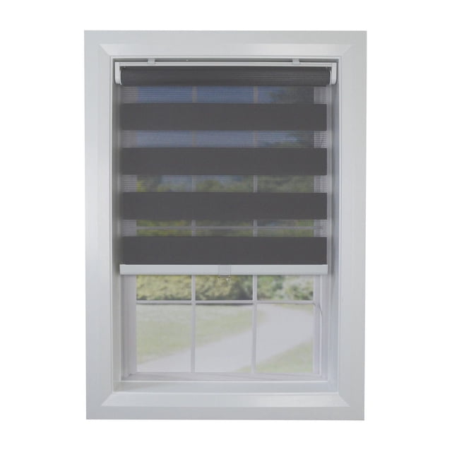 Versailles' Cordless Slimline Zebra Shade 31in x 72in inside a white window frame, featuring dark grey alternating opaque and sheer polyester fabric panels for light filtering and privacy control, cordless and child-safe with included mounting hardware and tension adjustment device.