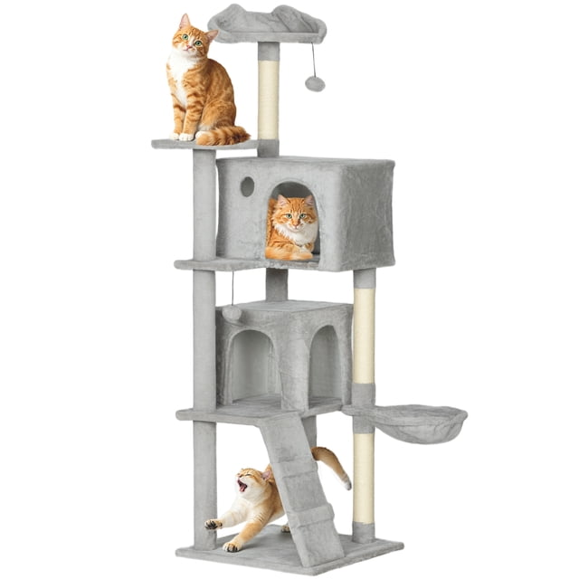 PawHut 63 Inch Cat Tree with Sisal Scratching Posts, Condos, Light Grey