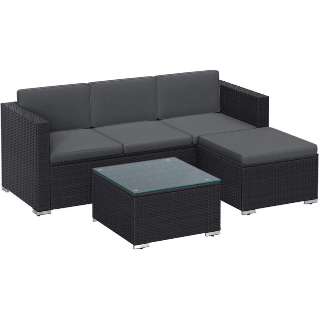 Boutique Home Rattan Patio Sectional Couch with Cushion and Glass Table, Black/Grey