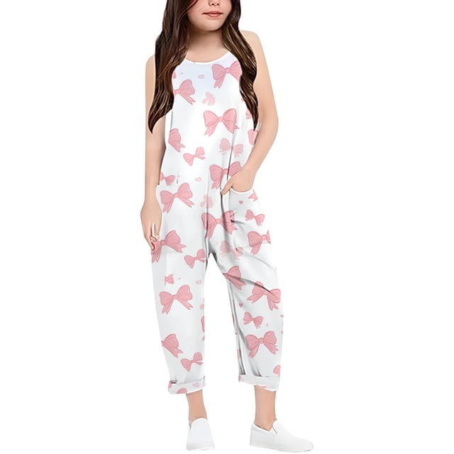 Girls Jumpsuit Bow Print Rompers for Girls Loose Casual Rompers with Pockets Cute Clothes 7-8 Y