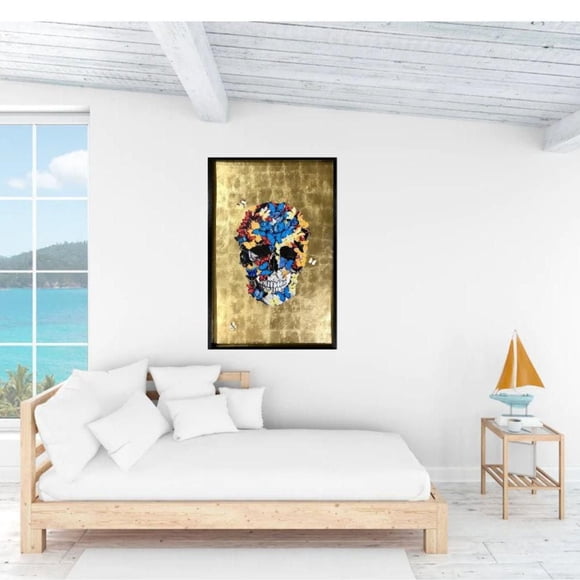Striking Skull Butterfly with Golden Background Shadow Box Art (59" H x 39" W x 1.5" D), Featuring Intricate Detailing and a Bold Design, Framed in a Sleek Black PS Frame