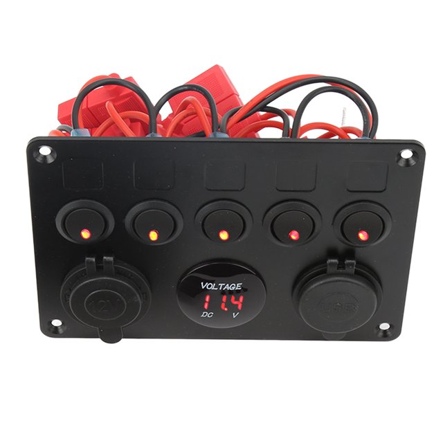 5 Gang Switch Panel Waterproof 12-24V LED Switch Panel with Digital Voltmeter Backlit
