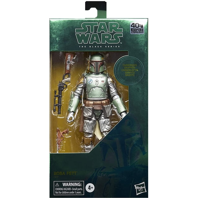Star Wars The Black Series 6 Inch Action Figure Exclusive - Carbonized Boba Fett in a window box packaging. This collectible action figure features metallic armor inspired by The Empire Strikes Back, detailed blasters, gear, and a cloth cape. Packaging includes bilingual text and a safety warning for ages 4 and up.