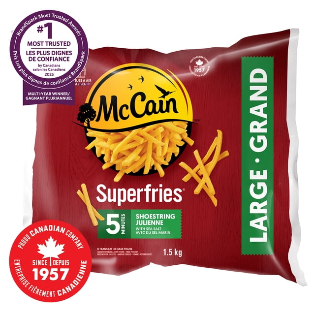 McCain Superfries 5 Minute Shoestring Fries large 1.5 kg frozen bag with sea salt, featuring the yellow McCain logo on a red background, labeled as a proud Canadian company since 1957, trans-fat and cholesterol-free, easy to prepare in oven for quick family meals.
