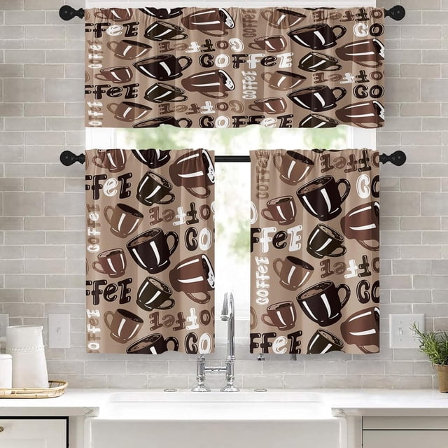 Coffee Kitchen Curtains Cartoon Window Curtains Valance and Tier Set, Vintage Brown Rod Pocket Short Tier Curtain, Cute Doodle Small Cafe Curtains for Kitchen Decor