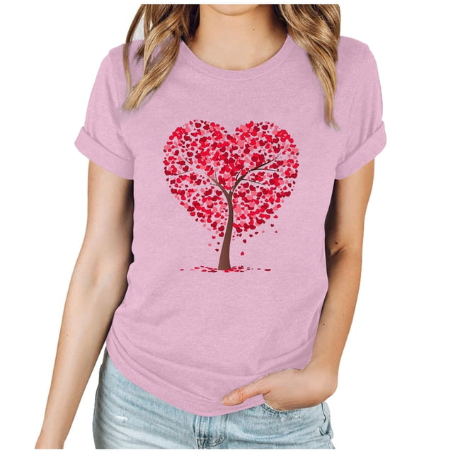 RKSTN Hauts pour Femmes 2024 Nouvelle Mode Printemps Été Col Rond Manches Courtes Hauts Saint-Valentin Cœur Imprimé Couleur Unie Blouse Décontractée Ample