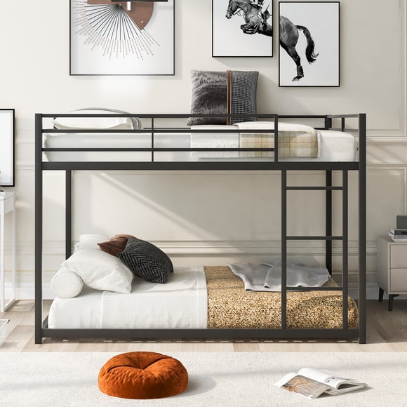 MODERNLUXE Full over Full Metal Bunk Bed Frame,Floor Bunk Bed with Ladder for Kids,Black