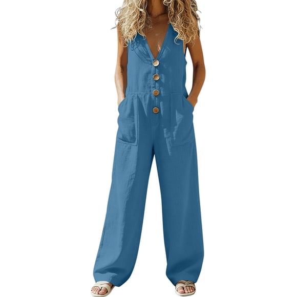 SZJXBUY Women’S Jumpsuit Plus Size Dressy Casual Deep V Neck Sleeveless Jumpsuits Summer Button Down Cotton Linen Wide Legs Loose Overall with Pockets Blue,XXL
