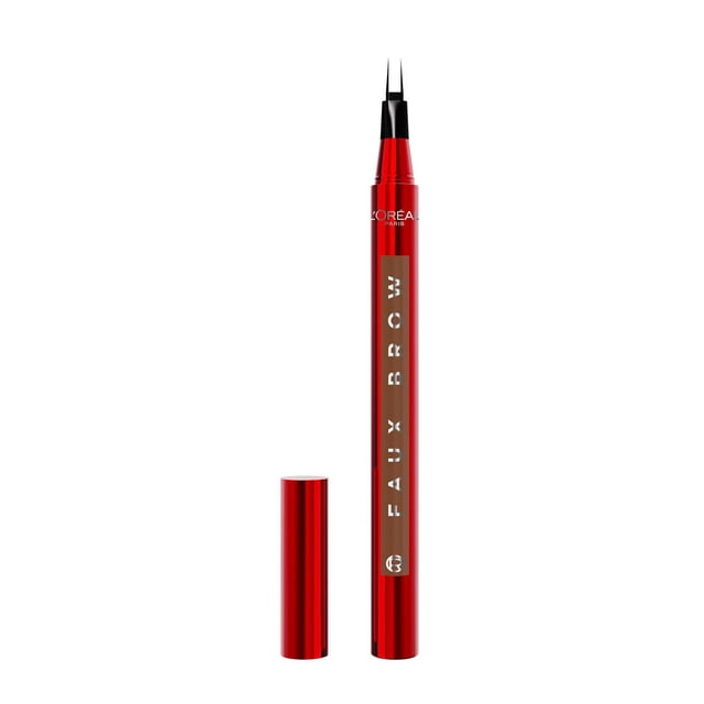 Eyebrow Pen Infallible Faux Brow by L'Oréal Paris with a red metallic body and removed cap, showing a precise double-brush tip for natural, hair-like eyebrow strokes ideal for filling and shaping brows.