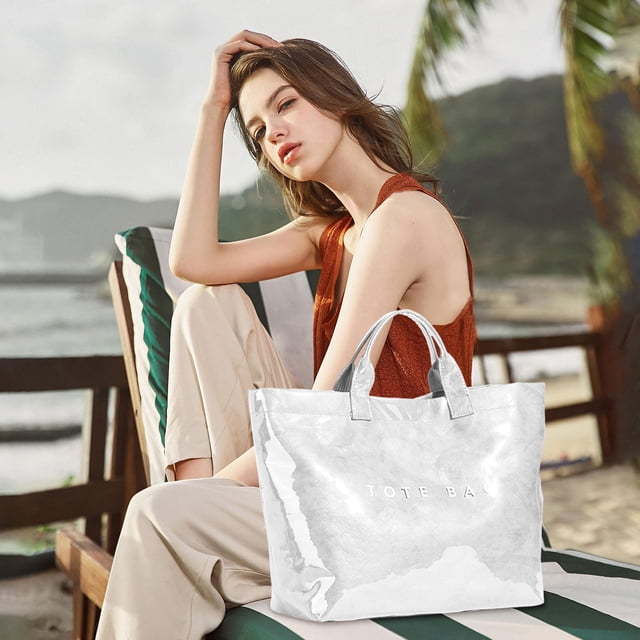 Kbndieu un Sac Fourre-Tout en Pvc pour Femmes, Grand Sac Fourre-Tout avec Sac en Pvc de Mode Uni, Sac Fourre-Tout à Imprimé de Lettres, Organisation et Rangement