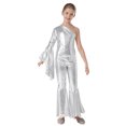thumbnail image 3 of MSemis Girls Hippie Jumpsuit One Shoulder Flared Long Sleeve Bell-Bottom Pants Wide Leg Romper Disco Silver 12, 3 of 7