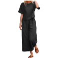 thumbnail image 1 of CHOK Ensemble 2 Pcs pour Femme en Lin, Haut Court à Manches Courtes, Ensemble de Détente Assorti et Pantalon Long, Survêtement Rose Vif G, 1 of 5