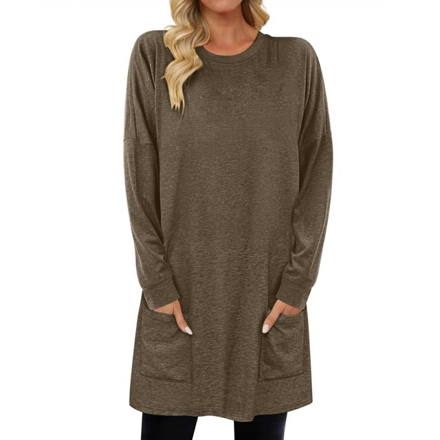 Timegard Women Long Sleeve Tops with Pockets Round Neck Casual Trendy T Shirts Solid Color Comfy Basic Shirts