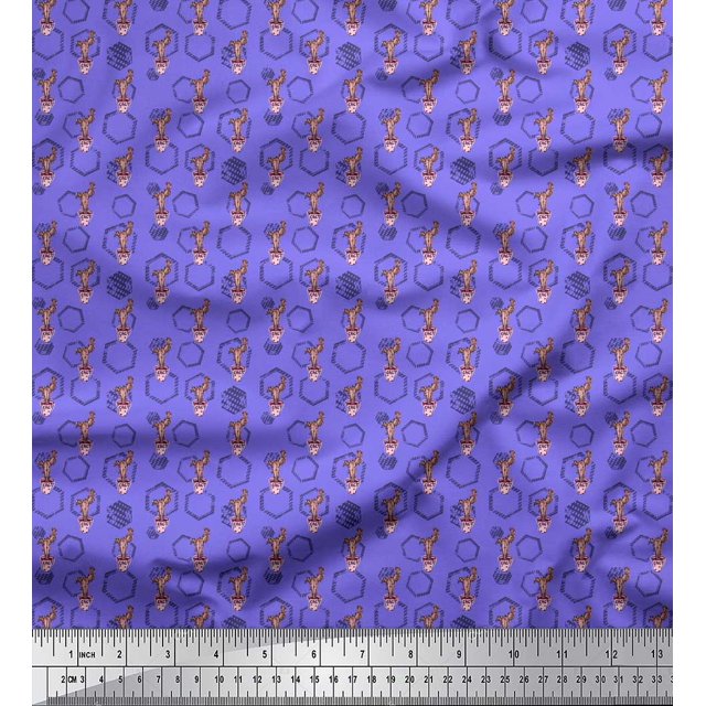 Soimoi Purple Moss Georgette Fabric Hexagon,Conical Pot & Cactus Tree Decor Fabric Printed Yard 42 Inch Wide