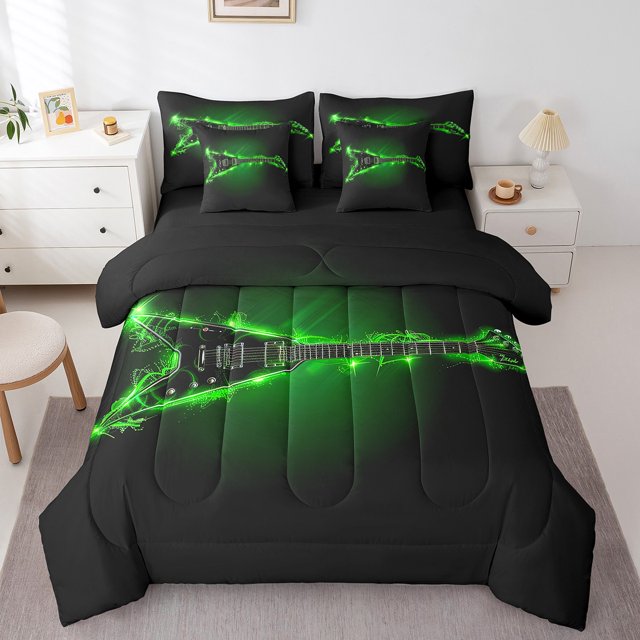 Electric Guitar Full Comforter Set - 7 Pieces Bed in a Bag Set,Music Stringed Instruments Bedding Sets Full with Flaming Green Flame Quilted Comforter,Flat Sheet,Fitted Sheet,Pillowcases